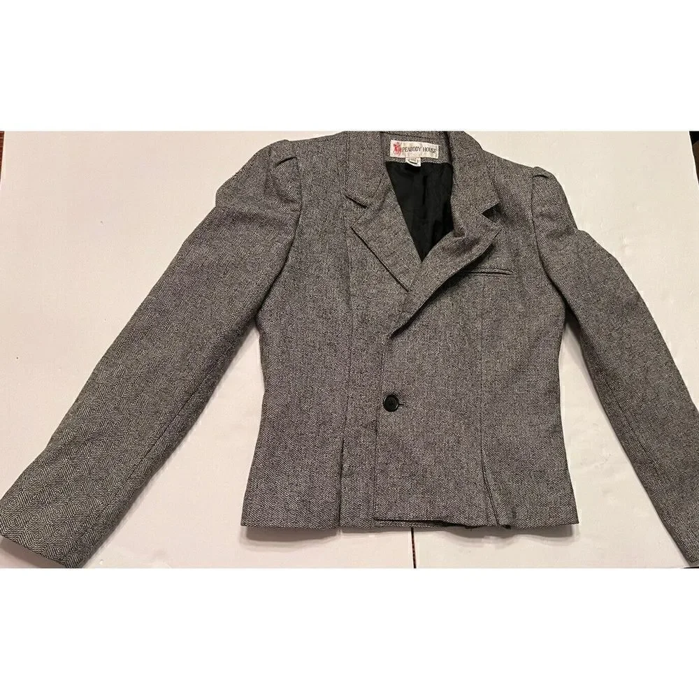 PEABODY HOUSE Blazer Jacket Womens Jrs Sz 7/8 Herringbone‎ Tweed Black Gray Vtg